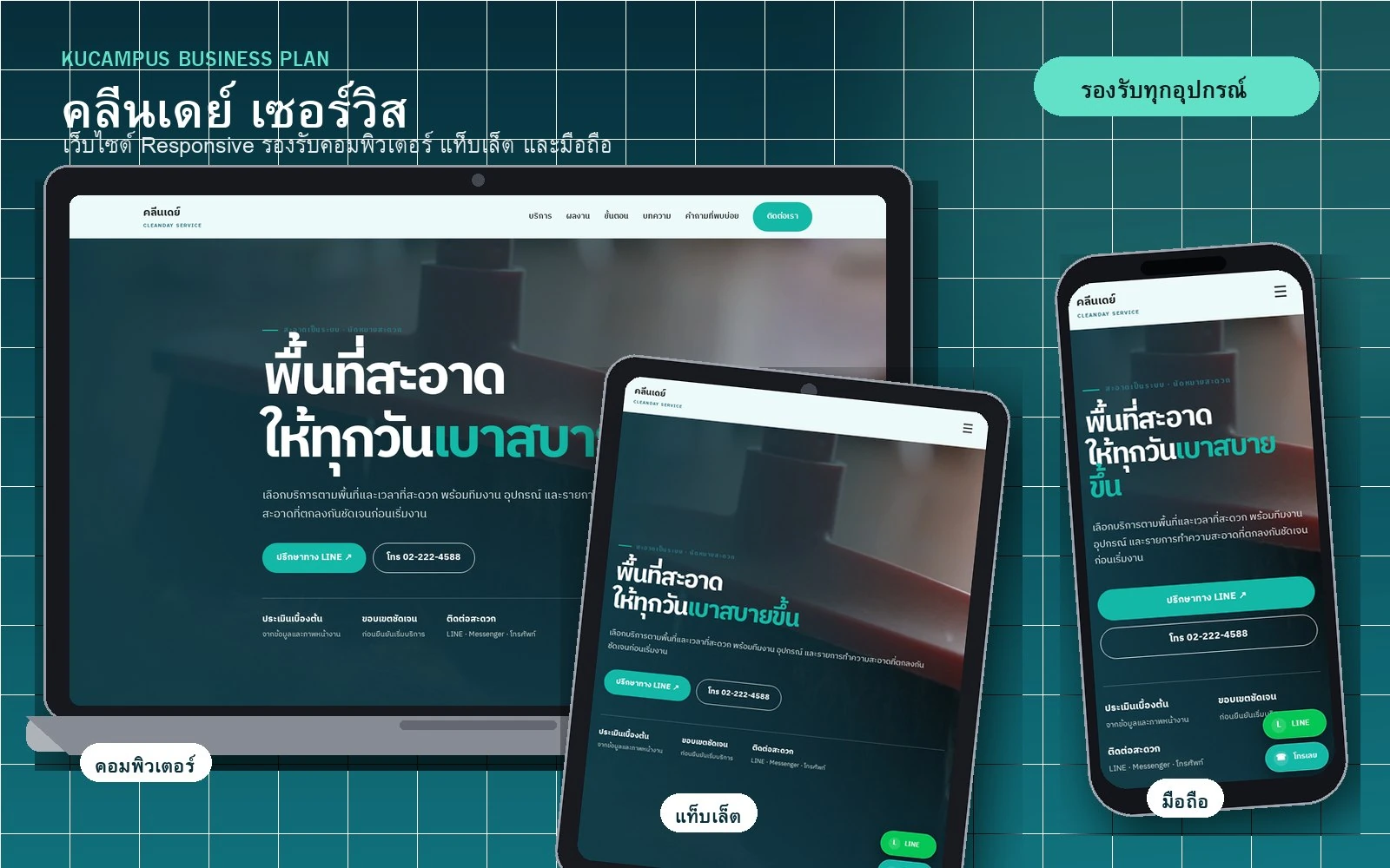 ผลงานเว็บไซต์คลีนเดย์ เซอร์วิส แสดงผลบนคอมพิวเตอร์ แท็บเล็ต และมือถือ